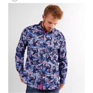 Eight X Mens Classic Fit Paisley Plaid Button Down Shirt Blue Pink Large Buckle